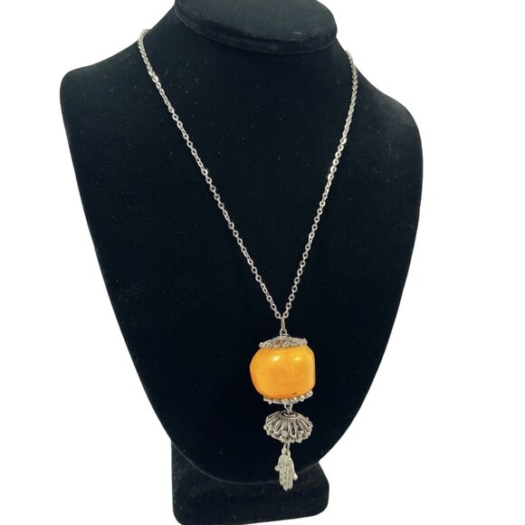 Unisex Silver Tone Chain Orange Celluloid Hamsa Pendant 18 Inch - Picture 1 of 8